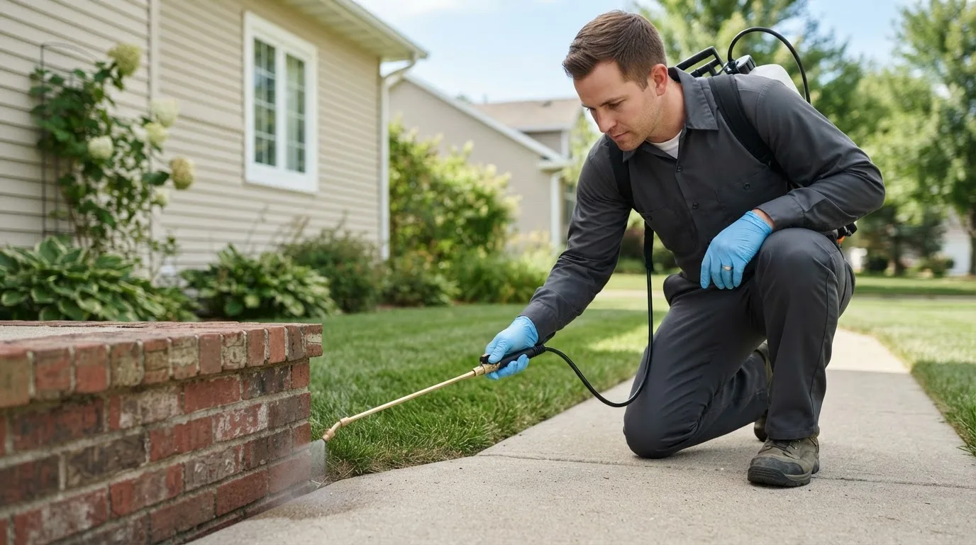 Pest control technician treating a home near Riviera, TX